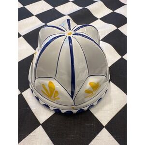 Vintage Ceramic ABC Fluted Cake Mold Dome Pan Blue Yellow Floral  Kitchenware 4"